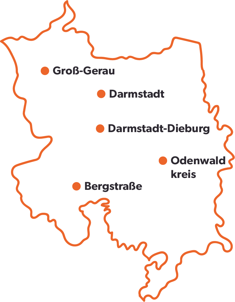 Hier siehst du eine Karte von Südhessen. Südhessen ist unser Zuständigkeitsbereich. Darunter fallen die Kreise Darmstadt, Darmstadt-Dieburg, Groß-Gerau, Bergstraße und der Odenwaldkreis.